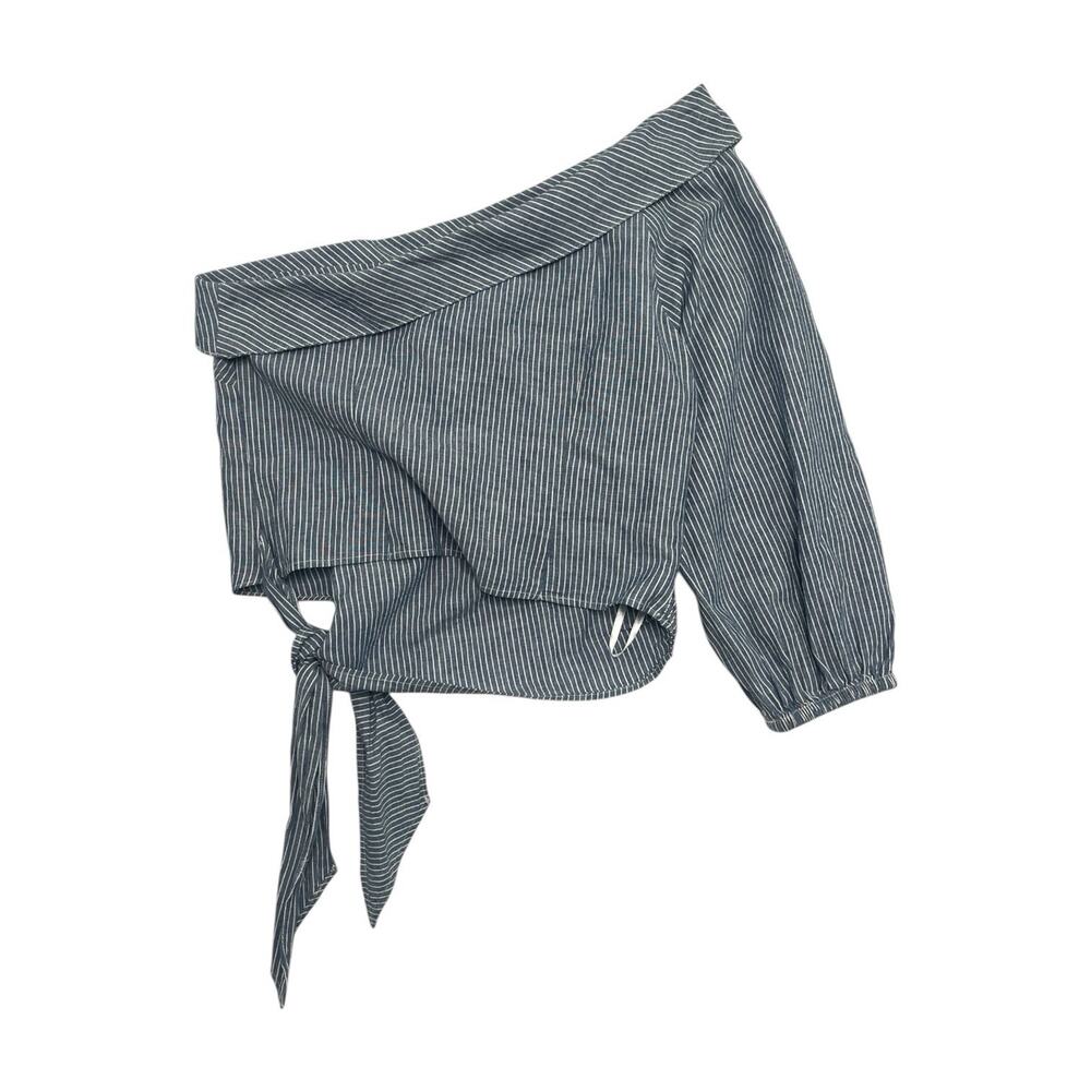 Free People Top Womens 10 Blue Linen Cropped Pinstripe One Shoulder Boho Coastal - Picture 3 of 12